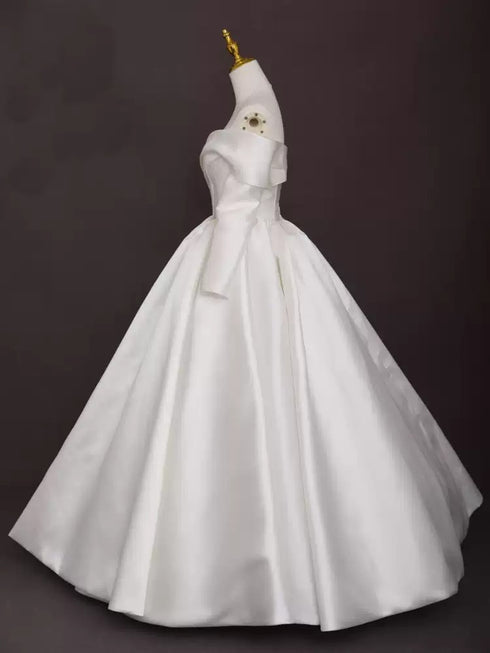 Off the Shoulder Long Sleeve Wedding Dress – Simple White Wedding Dress - Satin Wedding Dresses Long Sleeve with Corset Back Plus Size